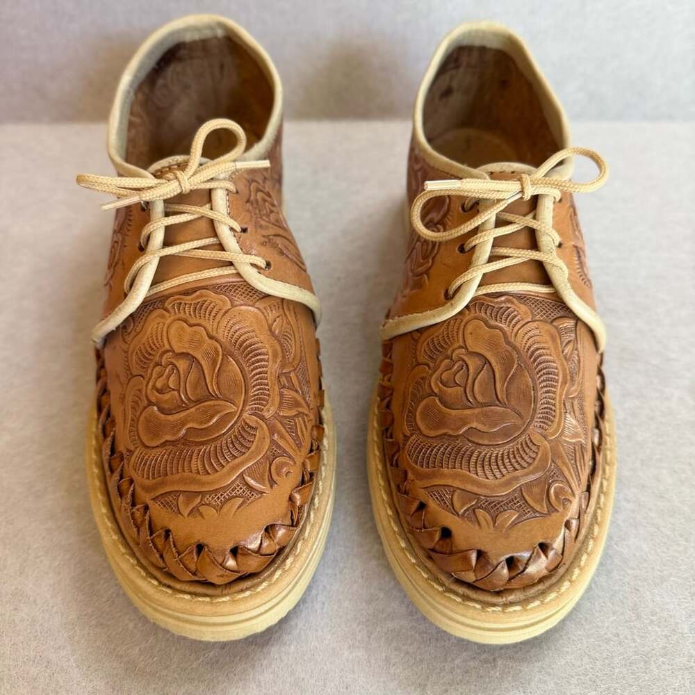 Mexican Huarache Women’s Size 6 Brown Tooled Leather Floral Lace Up Shoes